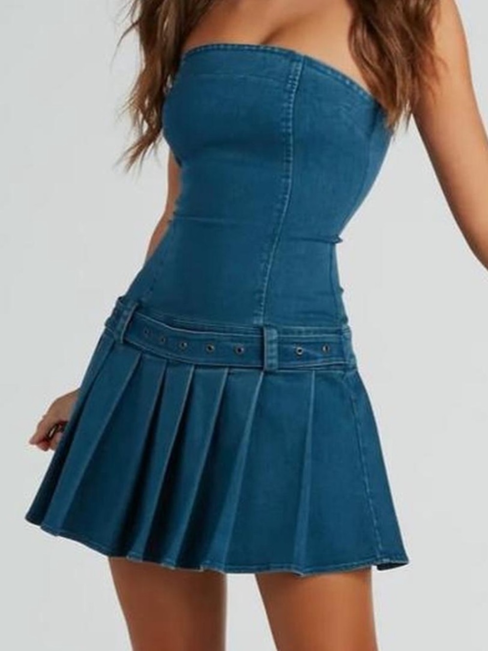 Windsor Strapless Denim Pleated Mini Dress